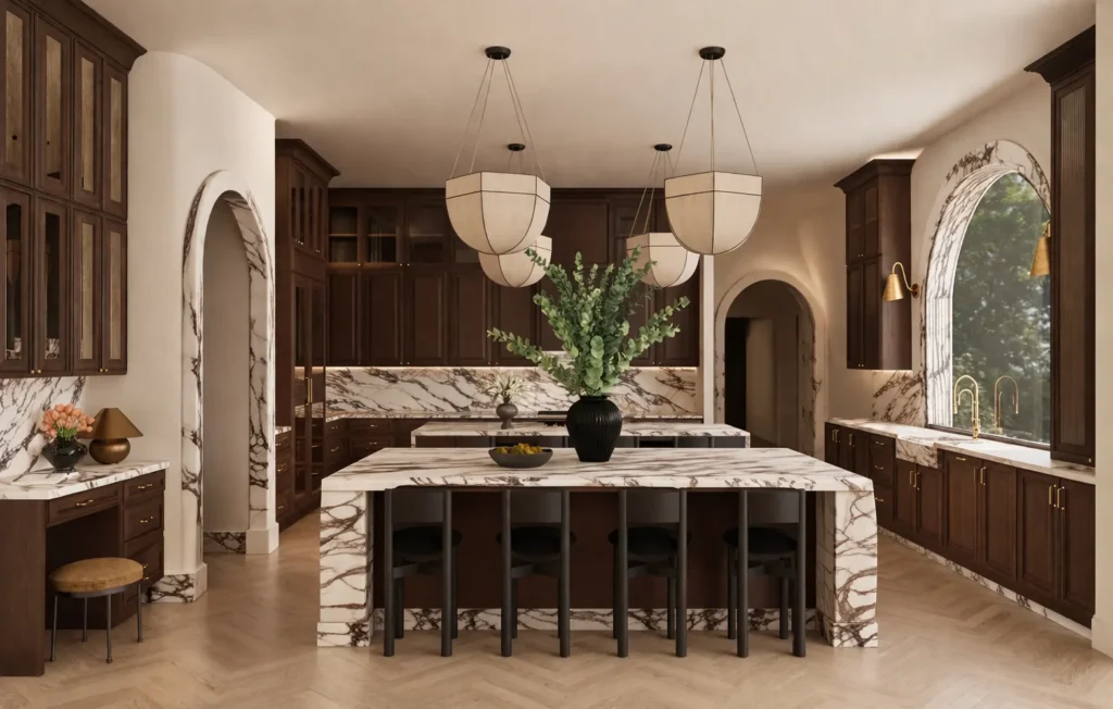Rendering of a kitchen with arched windows and marble island, Barbie's Dream House, Florida
