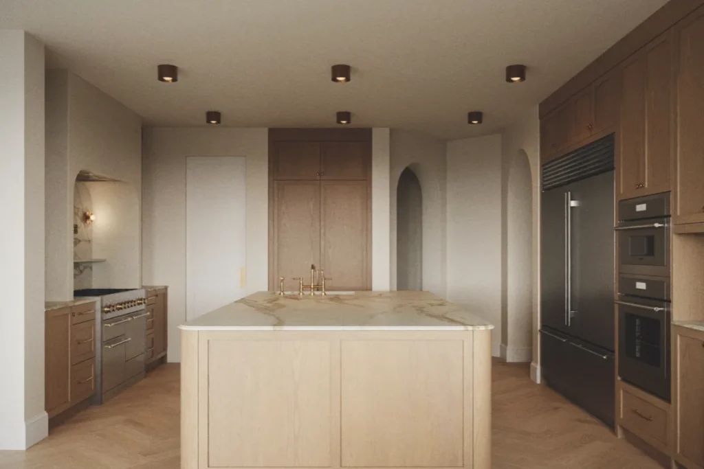 Oak and marble kitchen with island and pendant lights