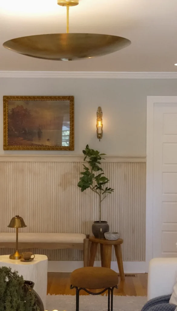 The Curated Coastal Home, North Carolina: Entry with brass pendant, landscape oil painting and wood stool