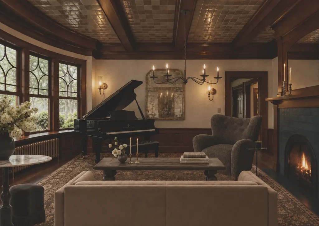 Rendering of a living room with grand piano and fireplace, The Lion House, Idaho